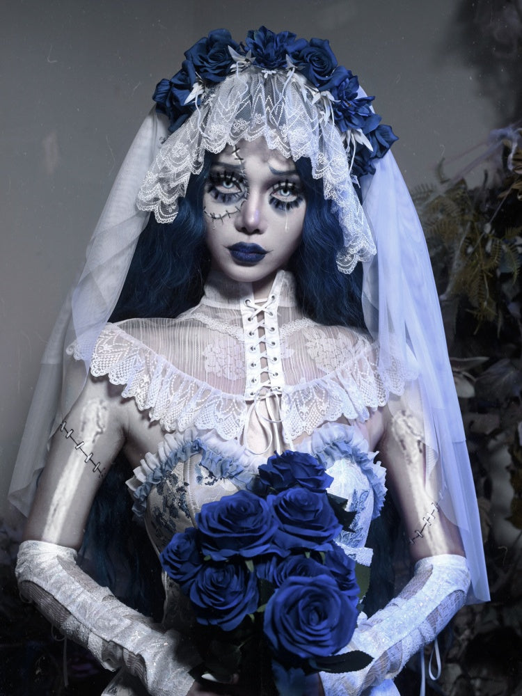 Weißer Gothic-Blau-Blumen-Brautschleier