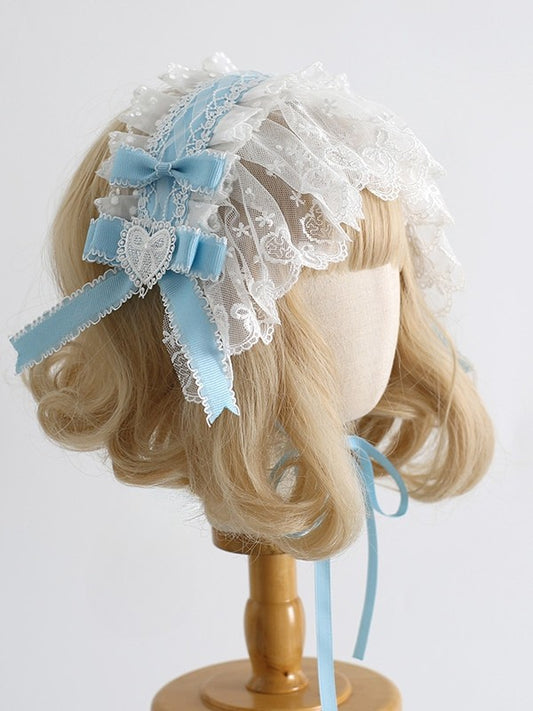 Hairband Trim Heart Lolita Design Sweet With Bowknot Clips WhiteBlue Details Lace
