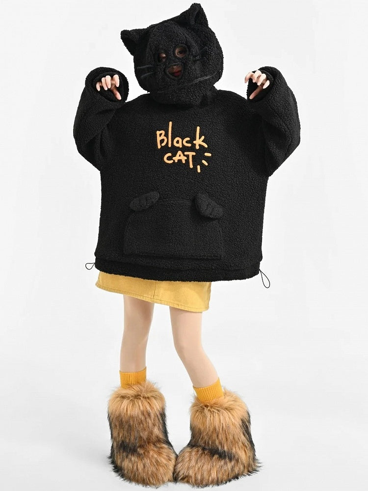 Black Cat Head Hood Fleece Hoodie