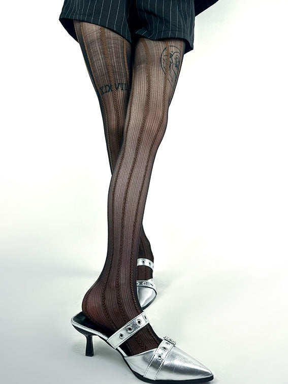 パープル/ブラウン/ホワイトのストライプハートタイツ