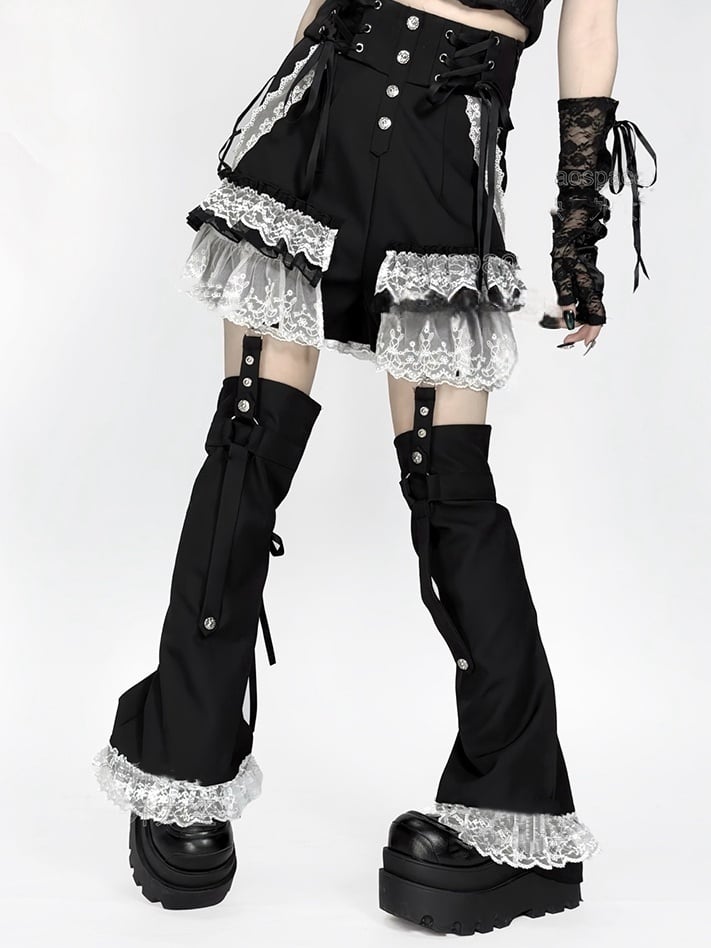Lace Jirai Black/White/BlackWhite Warmers and with Waist Y2K Shorts: Kei Trim in Tiered Leg Detachable Lace-Up