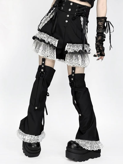 Lace Jirai Black/White/BlackWhite Warmers and with Waist Y2K Shorts: Kei Trim in Tiered Leg Detachable Lace-Up