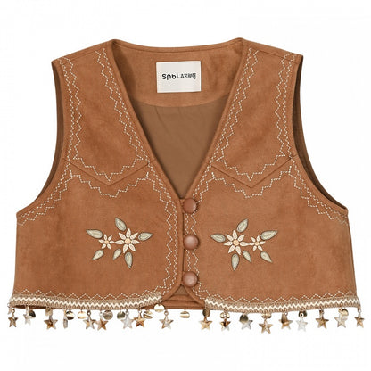 Brown Floral Embroidery Star Charm Hem Vest