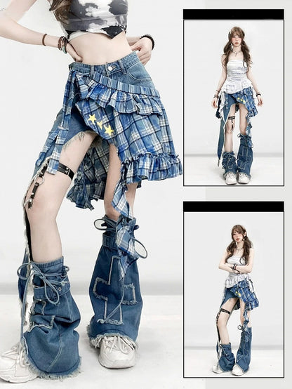 ウォーマー + ブループリント裾ショーツ グラマラスパターン ビタースイート アシンメトリースターセット - チェック柄アップリケスカート レッグクロス