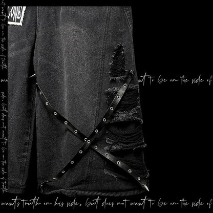 Y2K Cut Jeans Wide-leg Rock Punk Dark Gray Cross Applique Distressed Holes