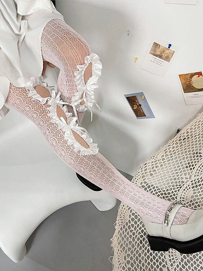 Y2K Tights Pink Trim Ruffles Design Cut-out
