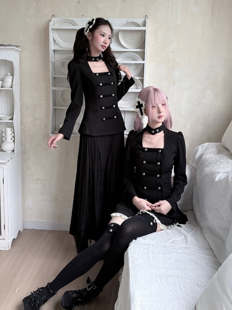 Gothic Black Ruched Maxi Skirt with Lace Cross Embellishment - Damn Girl