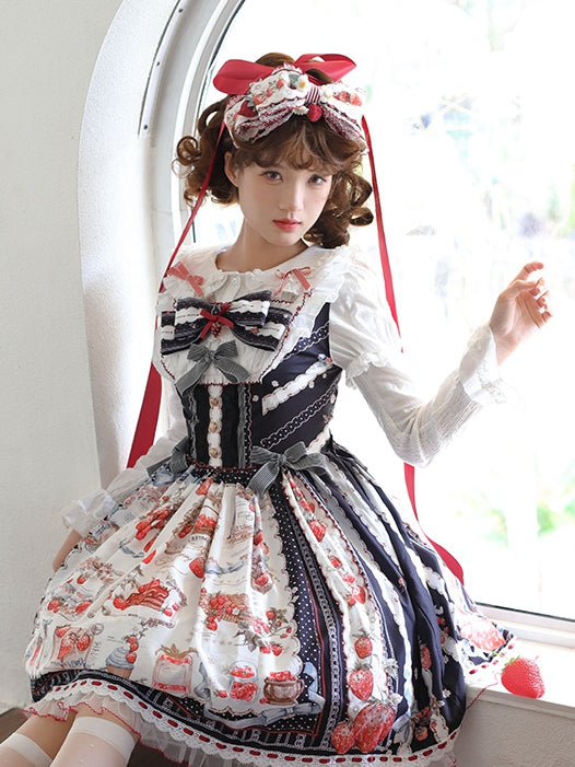 Lolita Black Strawberry Red Print Bowknot KC /