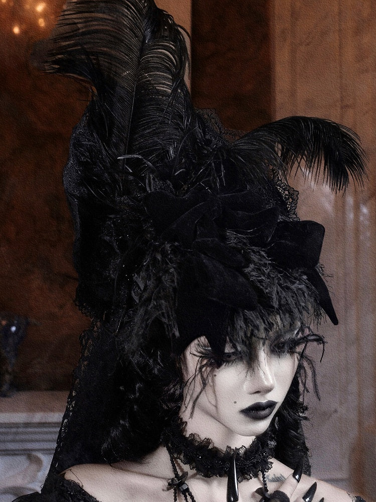 Bow Gothic Hat Velvet Detachable Veil High-Top and Lace with Black Feather