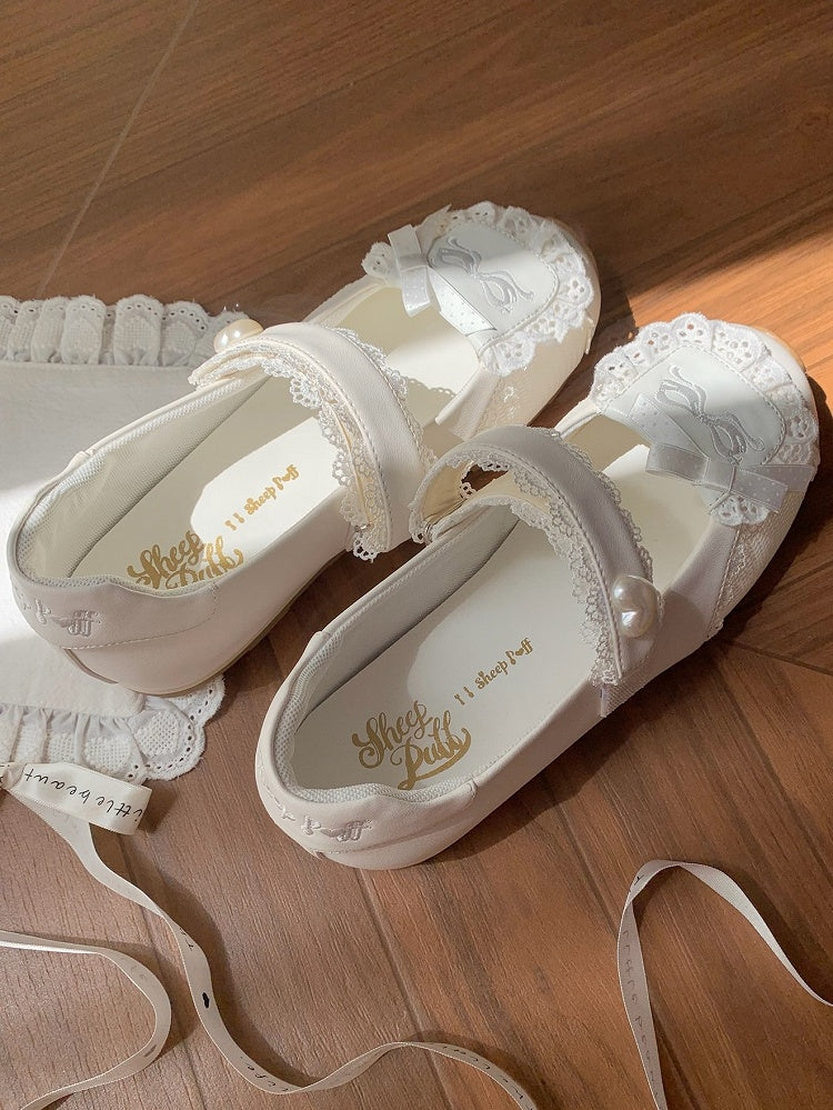 Heart-Adorned Bow Velcro Trim Sweet - Details Flat Lolita Lace Straps White Shoes