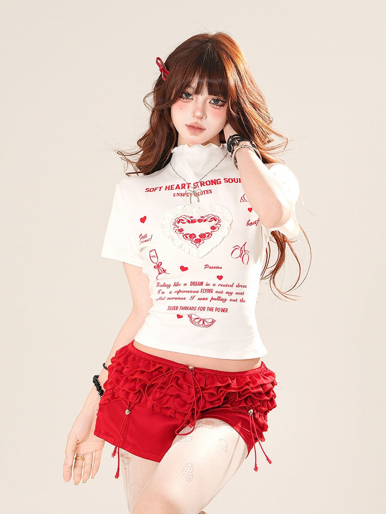 ホワイト/イエロー ハイネック フリル ハート グラフィック Tシャツ