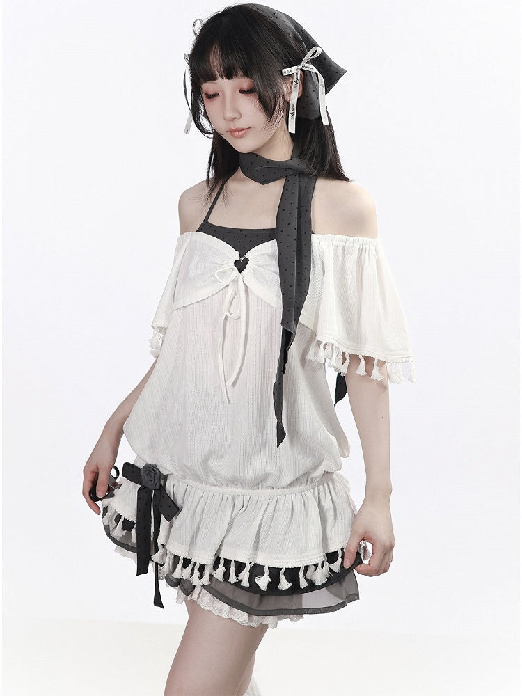 White Faux Two-Piece Flutter Sleeve Top with Tassels - PINK SAVIOR