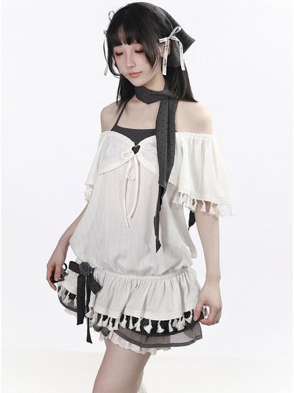 White Faux Two-Piece Flutter Sleeve Top with Tassels - PINK SAVIOR