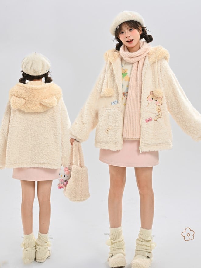 Ear Design Coat Hooded Beige Furry Adorable Cat with Zip-Up