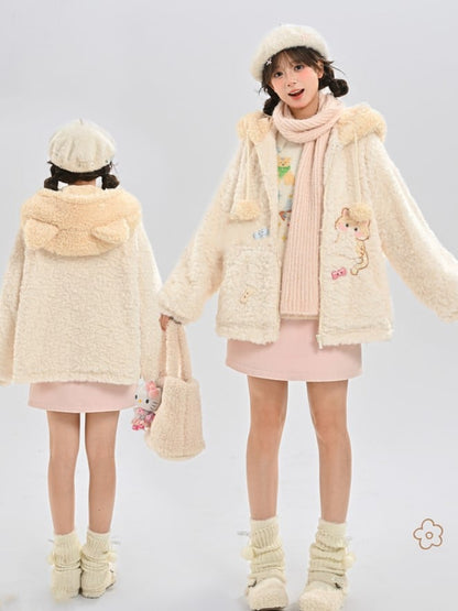Ear Design Coat Hooded Beige Furry Adorable Cat with Zip-Up