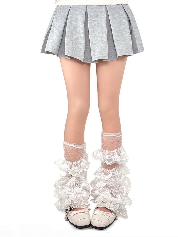 Lace Sequined Leg Y2K White/Black Warmers Ruffle Multi-Layer