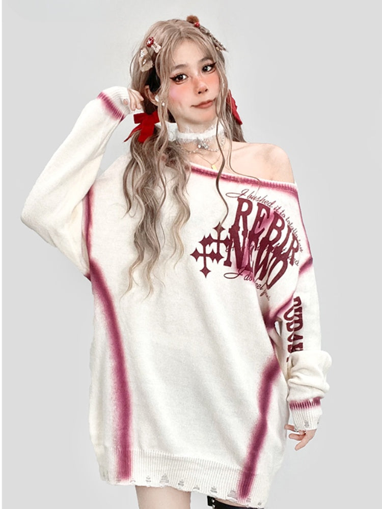 Christmas Letter Off-the-shoulder Neckline White Sweater