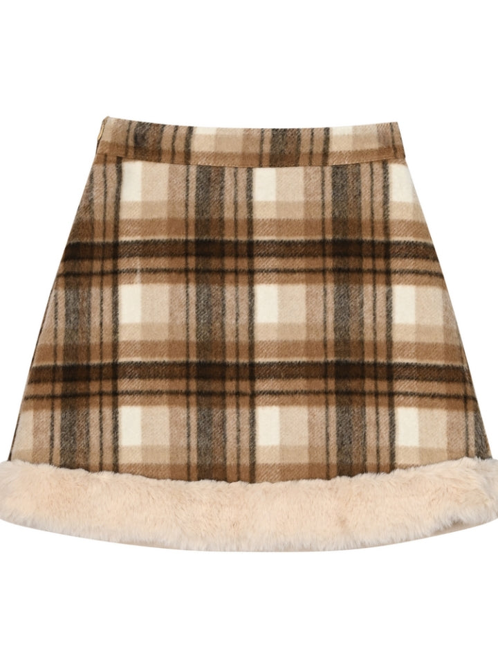 Brown High Waist Plaid Skirt Plush Trim