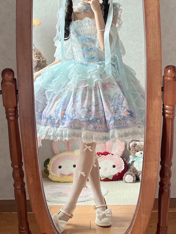 Blue Pearl Marine Print Lace Trimmed Sweet Lolita Jumper Skirt - PG Lullaby
