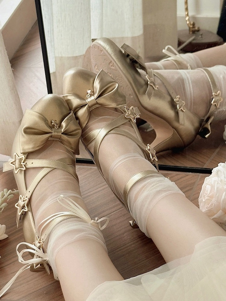 Top Bow at Sweet Starry Golden High-heel Lolita Shoes Buckles