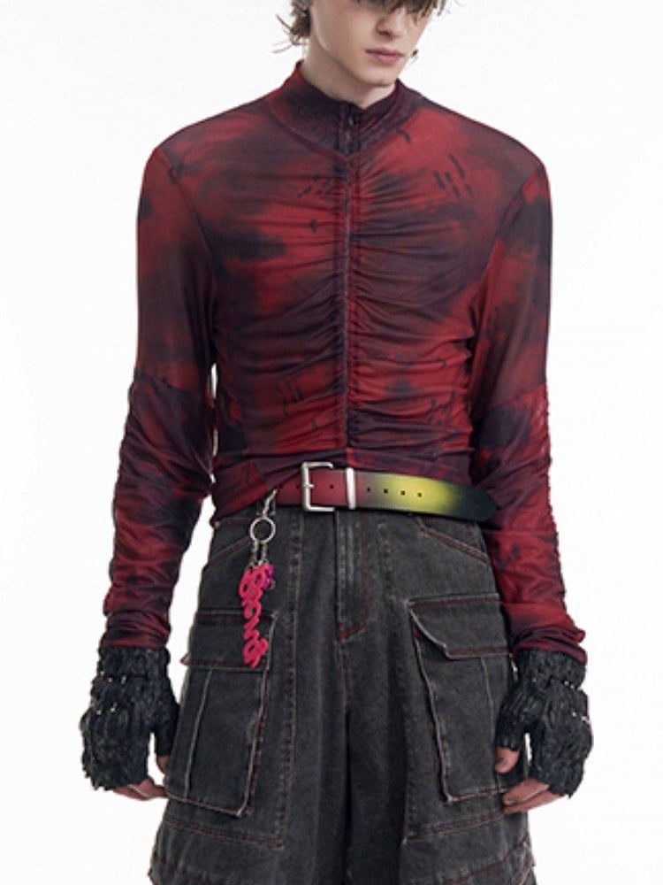 Red Top Ruffle Men Detail Neck for - Mock Closure Long Zip with Sleeve Black