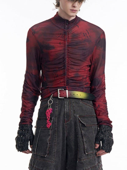 Red Top Ruffle Men Detail Neck for - Mock Closure Long Zip with Sleeve Black