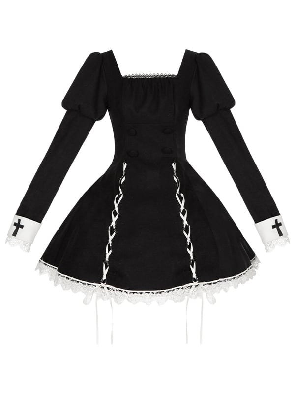 Sleeves Juliette Short with Lace and Trim Black Contrast Lolita Dress Lacing