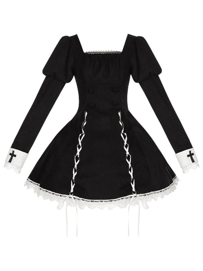 Sleeves Juliette Short with Lace and Trim Black Contrast Lolita Dress Lacing