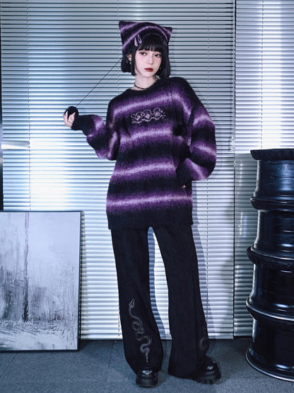 Black with Gothic Chenille Flared Pants Embroidery Snake Cheongsam