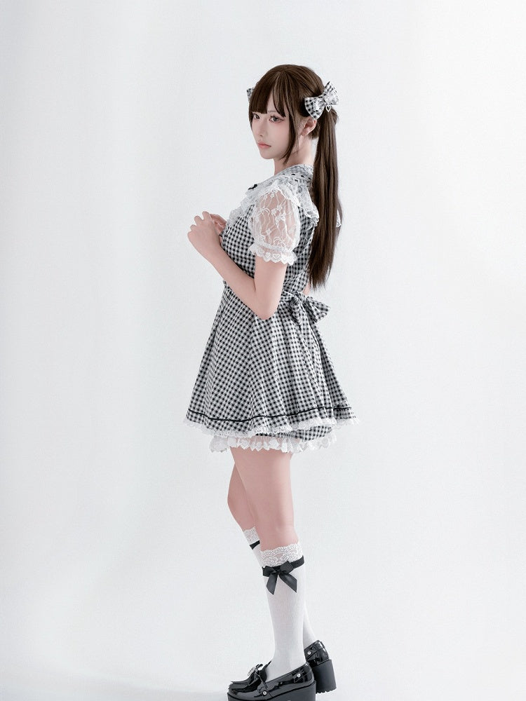 Black & White Plaid Bow Lace Dress with Shorts - Ostslheep