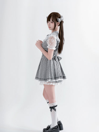 Black & White Plaid Bow Lace Dress with Shorts - Ostslheep