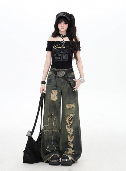 Distressed Vintage Wide-Leg Blue Jeans with Cross Patches - CRAZY GIRL