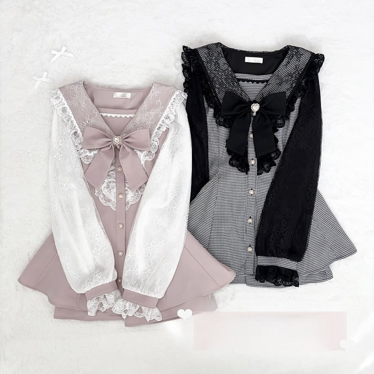 Collar Sailor Mesh Coord Kei with Jirai Sleeves Pink Sweet Set: Dress