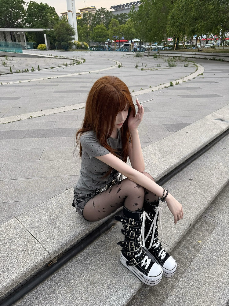 Polka T-Shirt Cartoon / with Print and Gray Cross White Dots