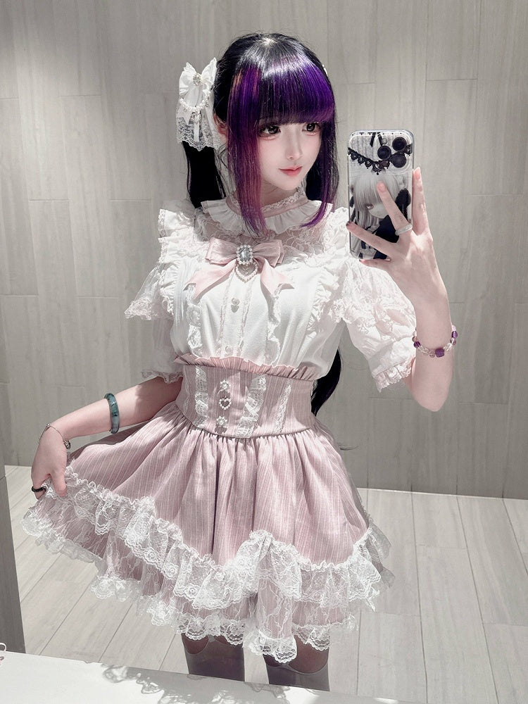Pink & White Landmine Style Cutout Shoulder Short Sleeve Top with Rhinestone Bow and Lace - Virtual Paradise