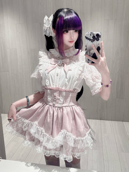 Pink & White Landmine Style Cutout Shoulder Short Sleeve Top with Rhinestone Bow and Lace - Virtual Paradise