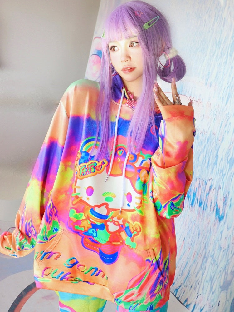 Hoodie mit Buchstaben- und Y2K-Kätzchen-Print Orange Fire