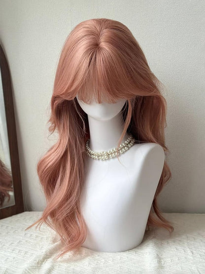 Long Rose with Bangs Wavy Full Wig Pink 65CM