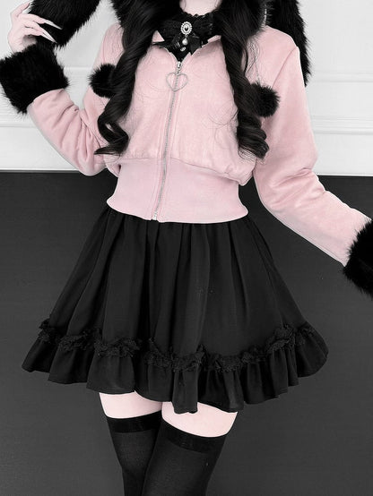 with Jirai Jacket Collar Bunny Padded Short Warm Black Fur Cuffs Ear and Pink Kei Hooded