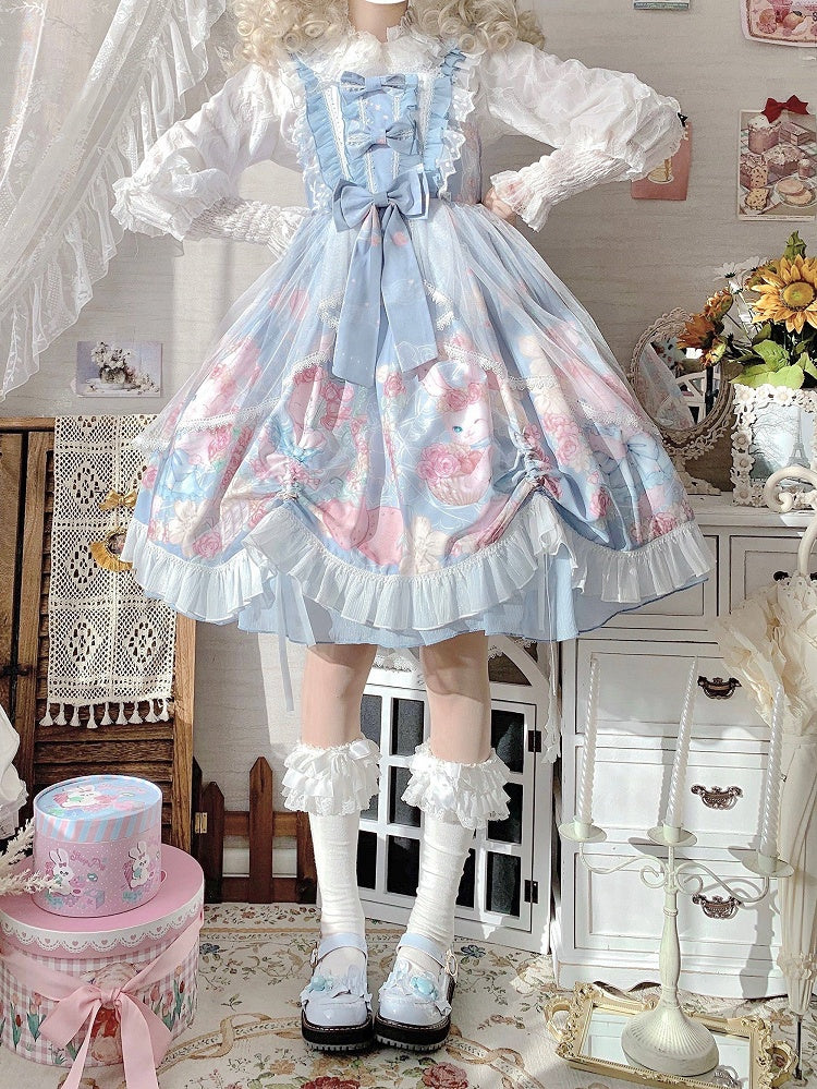 Lolita Blue Sheer Dusty Floral Tulle JSK Train Bunny with Dress Print