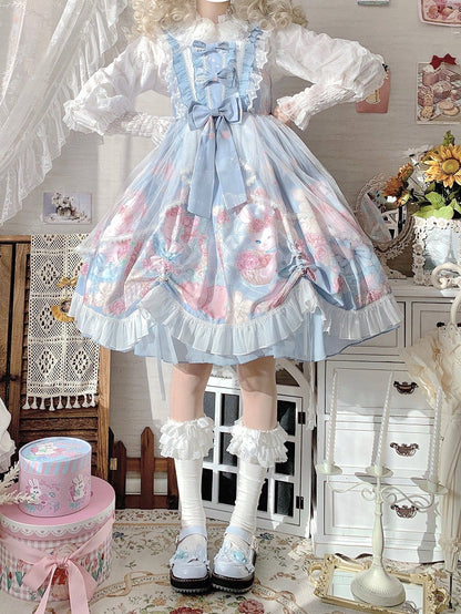 Lolita Blue Sheer Dusty Floral Tulle JSK Train Bunny with Dress Print