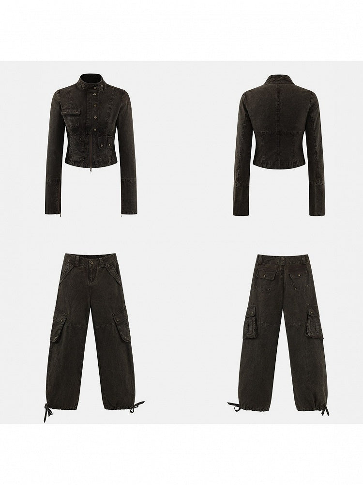 Vintage Coffee Short Zip Jacket with Pocket - Low pixel