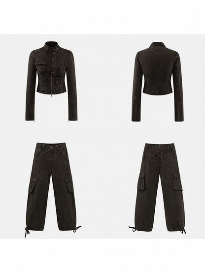 Vintage Coffee Short Zip Jacket with Pocket - Low pixel