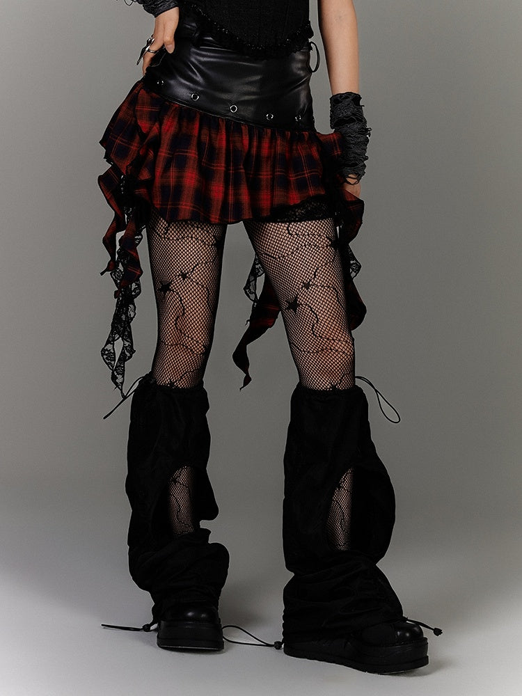 Ruffled Black PU Punk Skirt Hem Y2K Asymmetrical Red Plaid