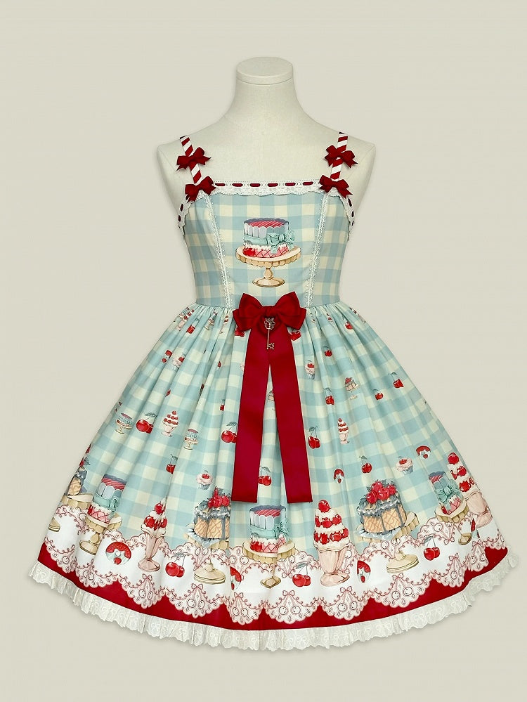 Jupe pull Sweet Lolita à motif vichy vert menthe cerise et dessert