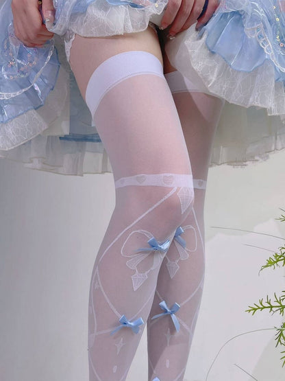 White and Blue Bow Semi-sheer Over Knee Stockings
