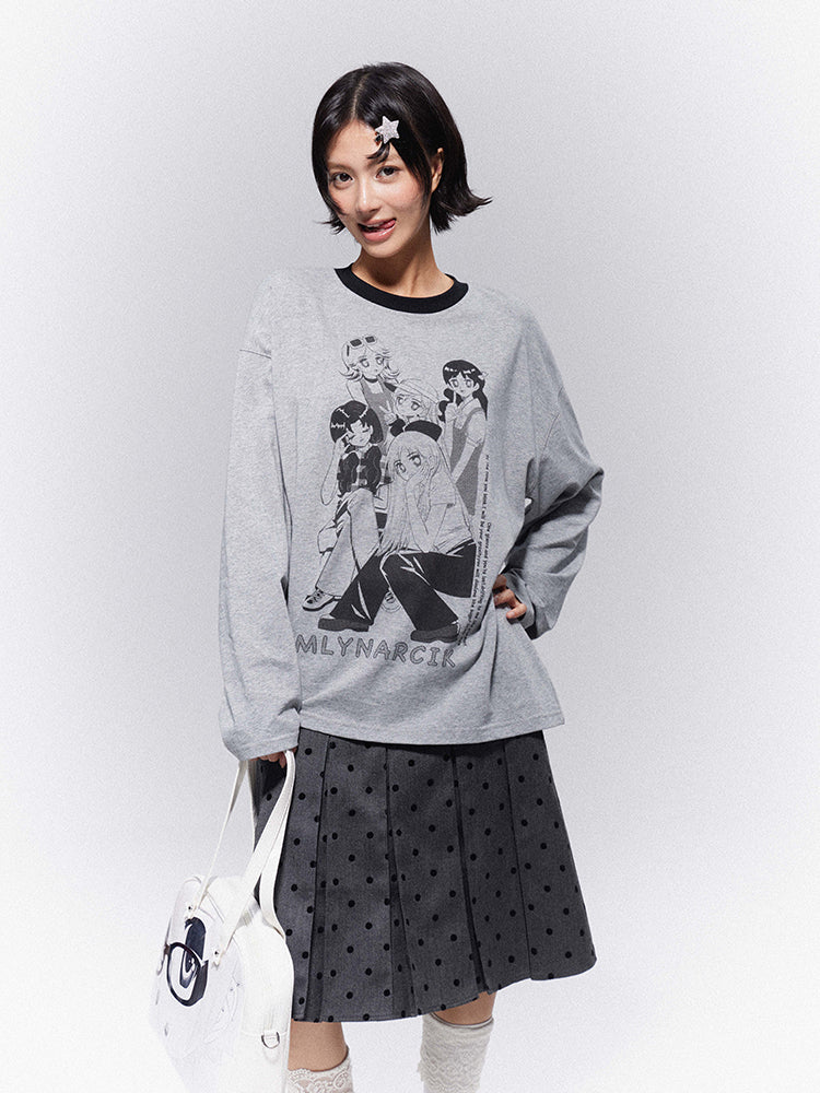 Print Top Neckline Crew Gray Casual Girl Trim with Anime Black