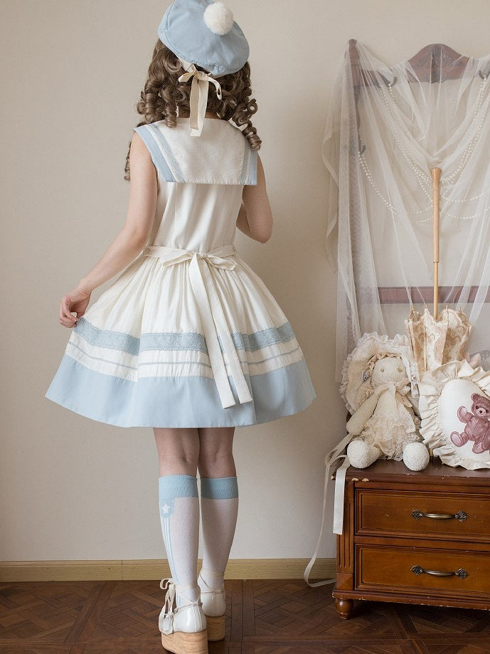 Accent Light White Sailor Bow Collar and Milk Lace Trims Lolita with Blue Dress