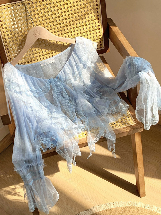 Cascading Top Trim Long Tulle Ruffle Sheer Dotted Blue Sleeves