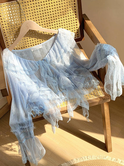 Cascading Top Trim Long Tulle Ruffle Sheer Dotted Blue Sleeves